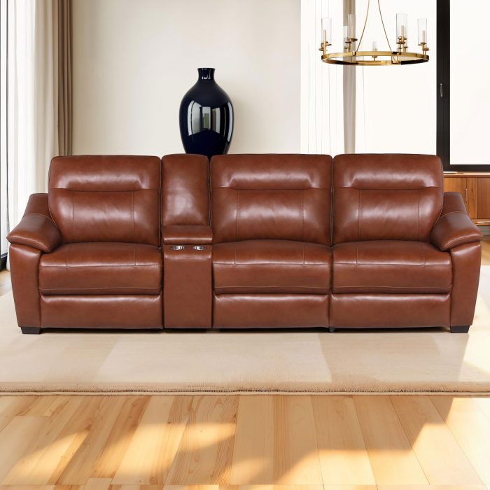 CASA DUAL-POWER 116" LEATHER 3-SEAT RECLINING SOFA WITH CONSOLE, COACH COLOR