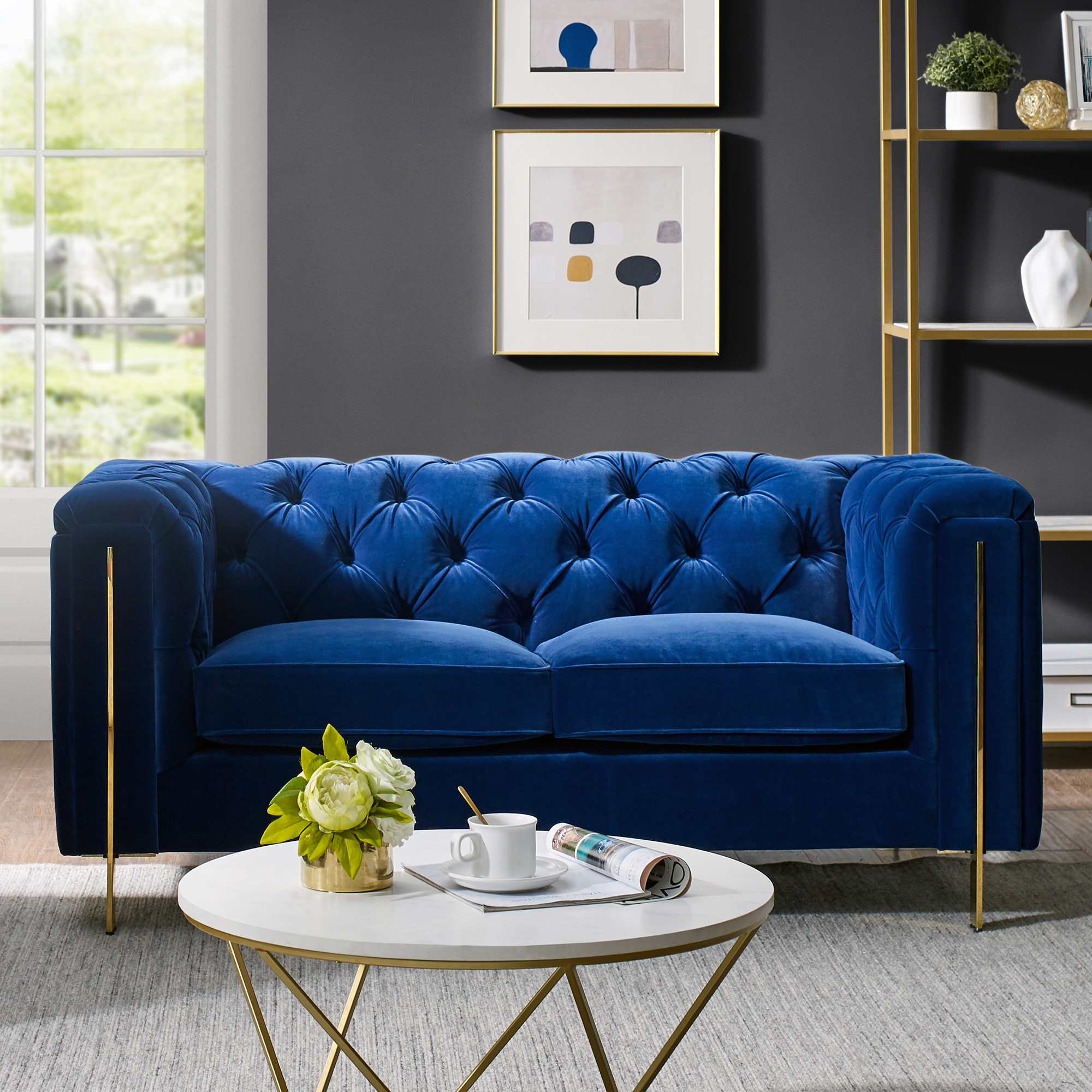 CHARLENE BLUE VELVET BUTTON TUFTED ROLLED ARM CHESTERFIELD LOVESEAT