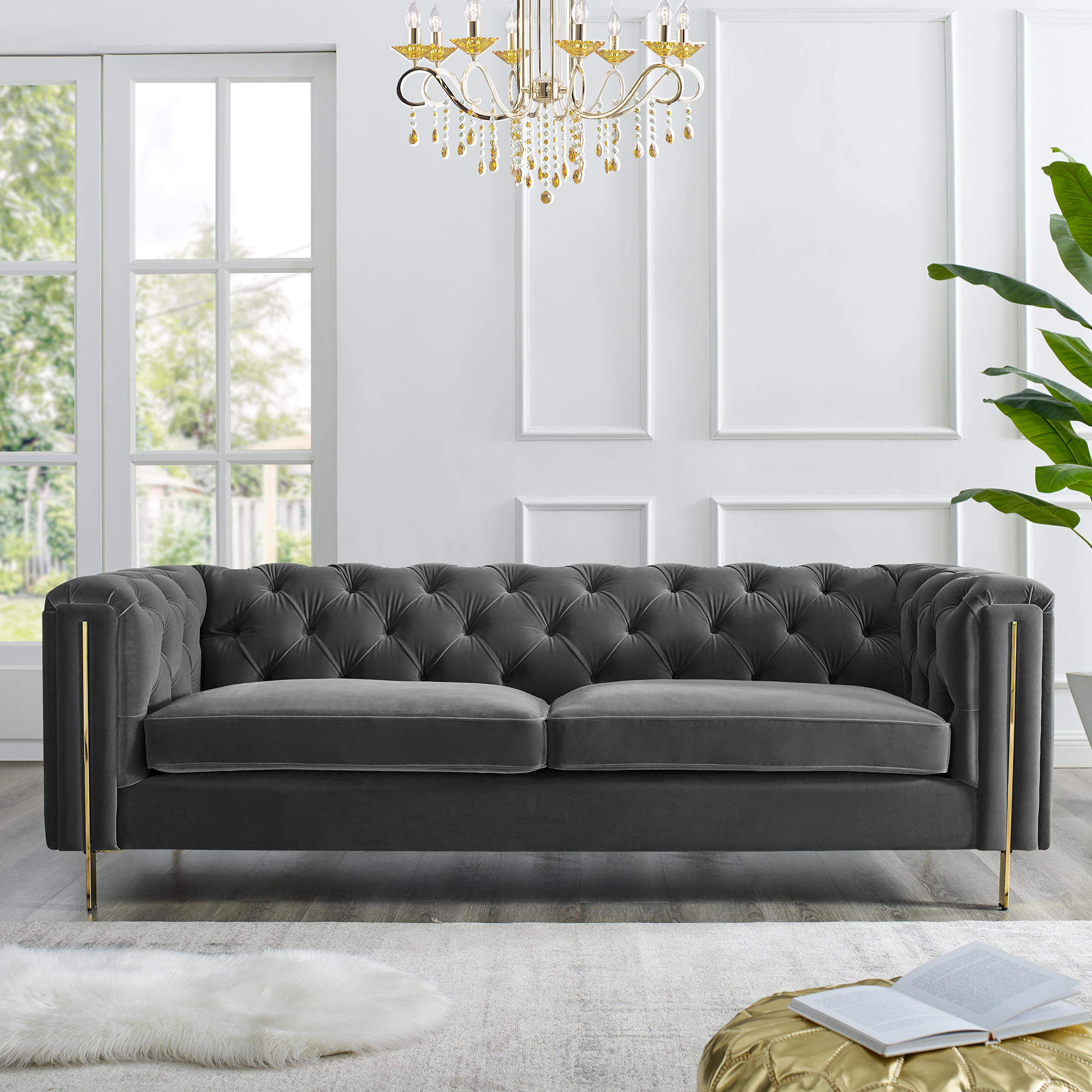 CHARLENE GRAY VELVET BUTTON TUFTED ROLLED ARM CHESTERFIELD SOFA
