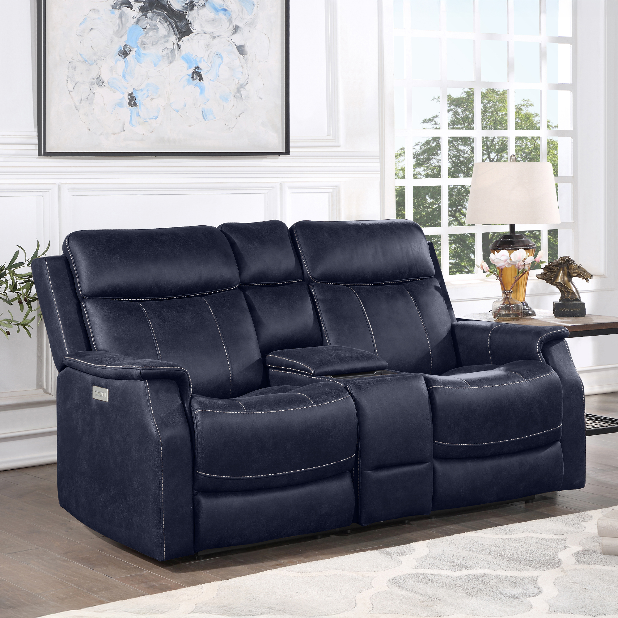 VALENCIA DUAL-POWER LEATHERETTE RECLINING CONSOLE LOVESEAT, OCEAN BLUE