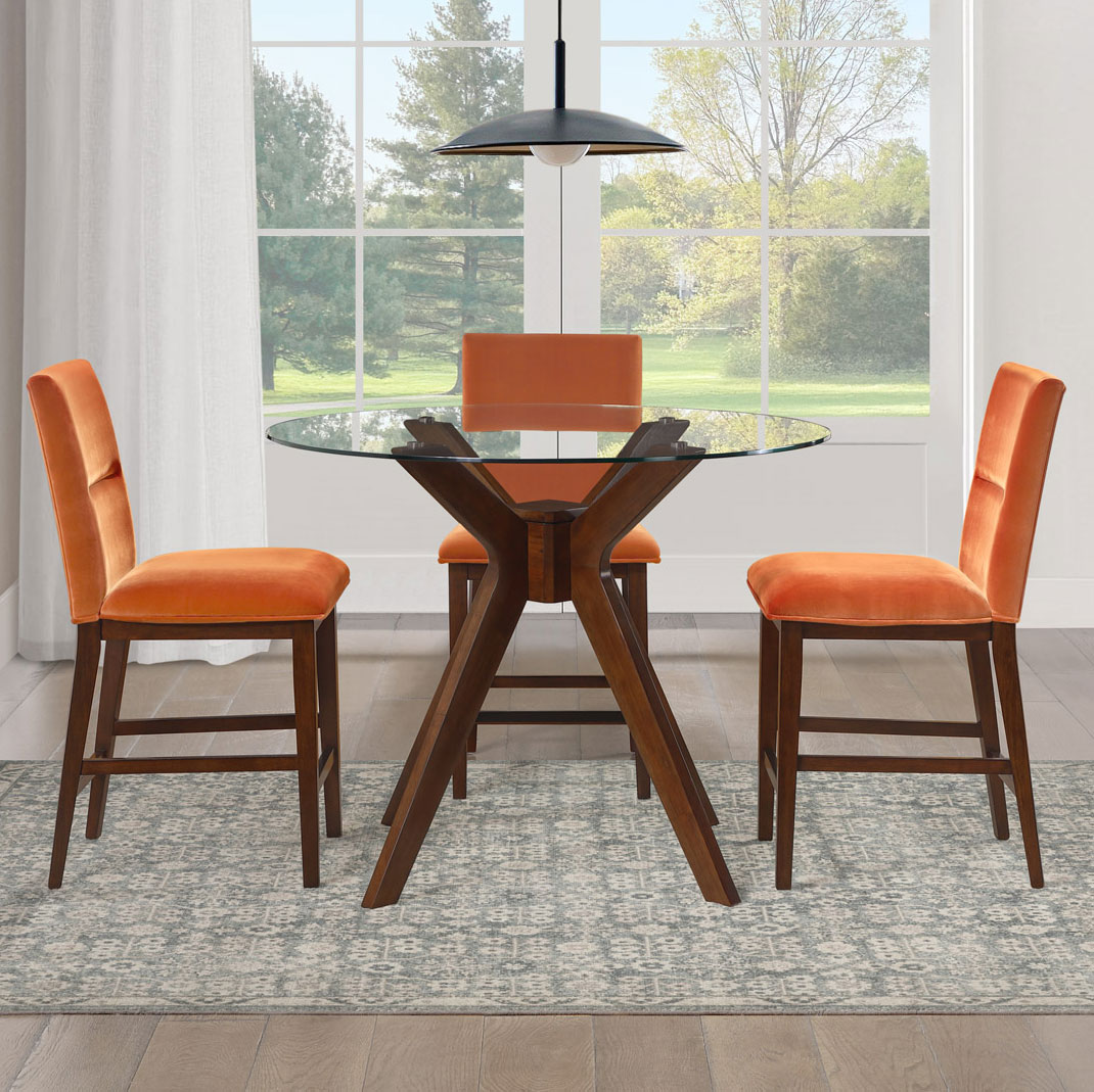 Zen 5-Piece Glass Top Counter Set, Orange Velvet Chairs - Image 2