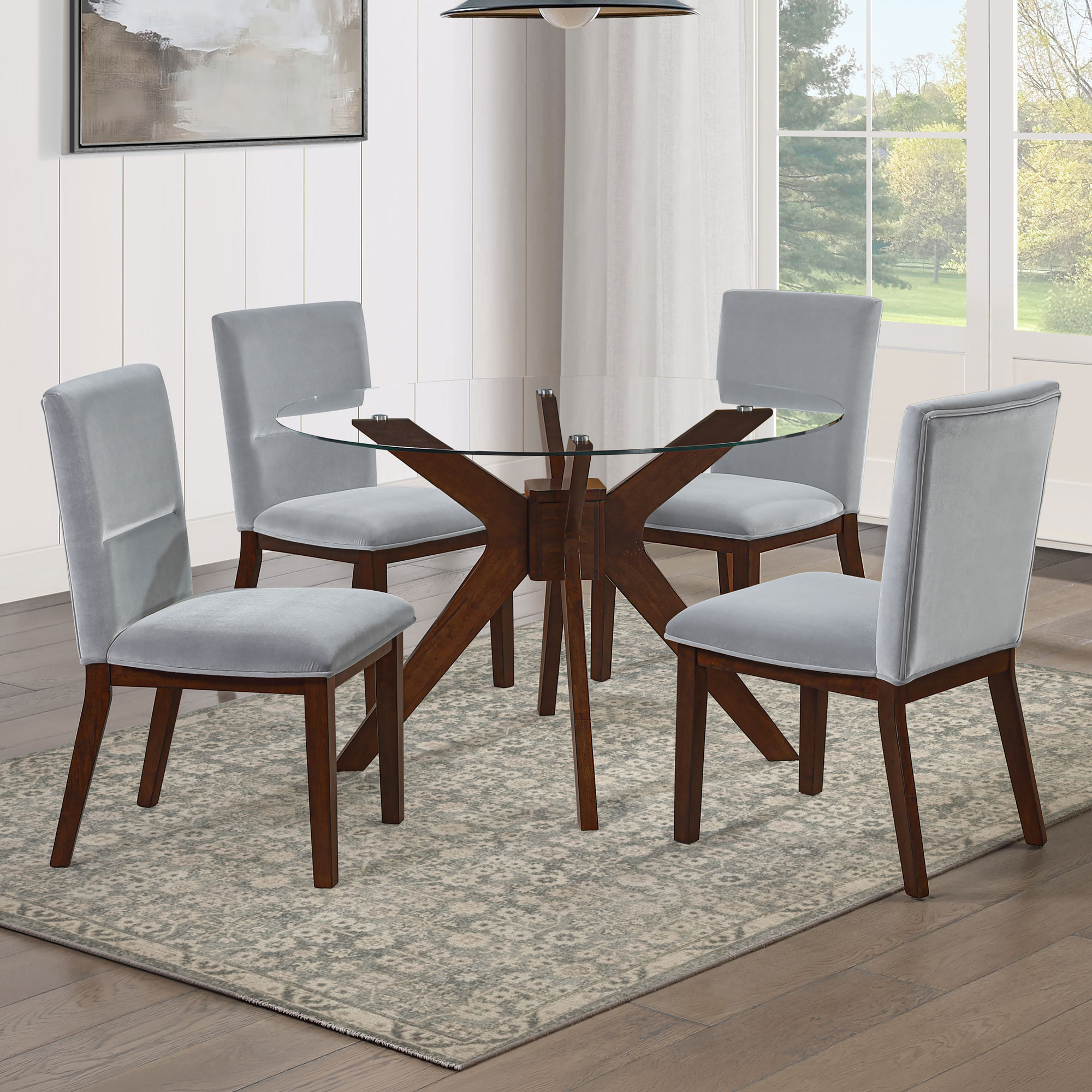 ZEN 5-PIECE GLASS TOP DINING SET, GRAY VELVET CHAIRS