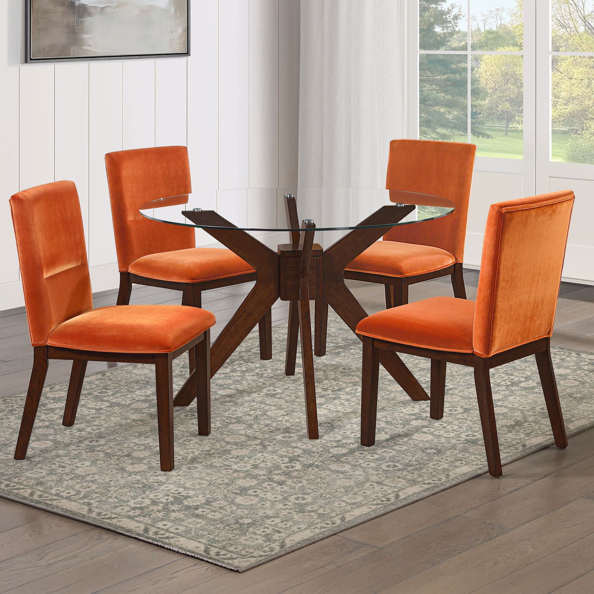 Zen 5-Piece Glass Top Dining Set, Orange Velvet Chairs