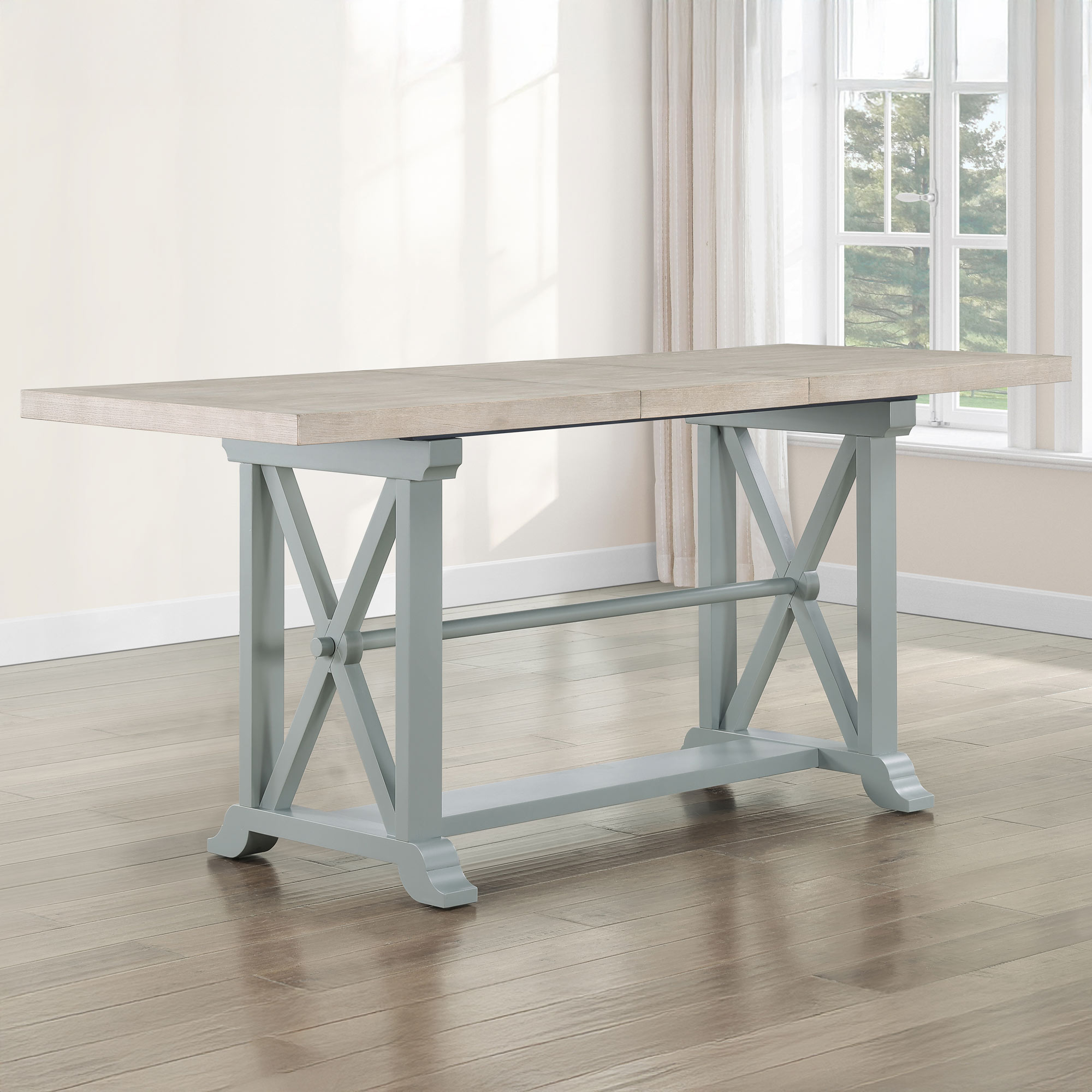 Darcy 64-82"Counter Table With 18-Inch Leaf, Mint Green And Natural Finish