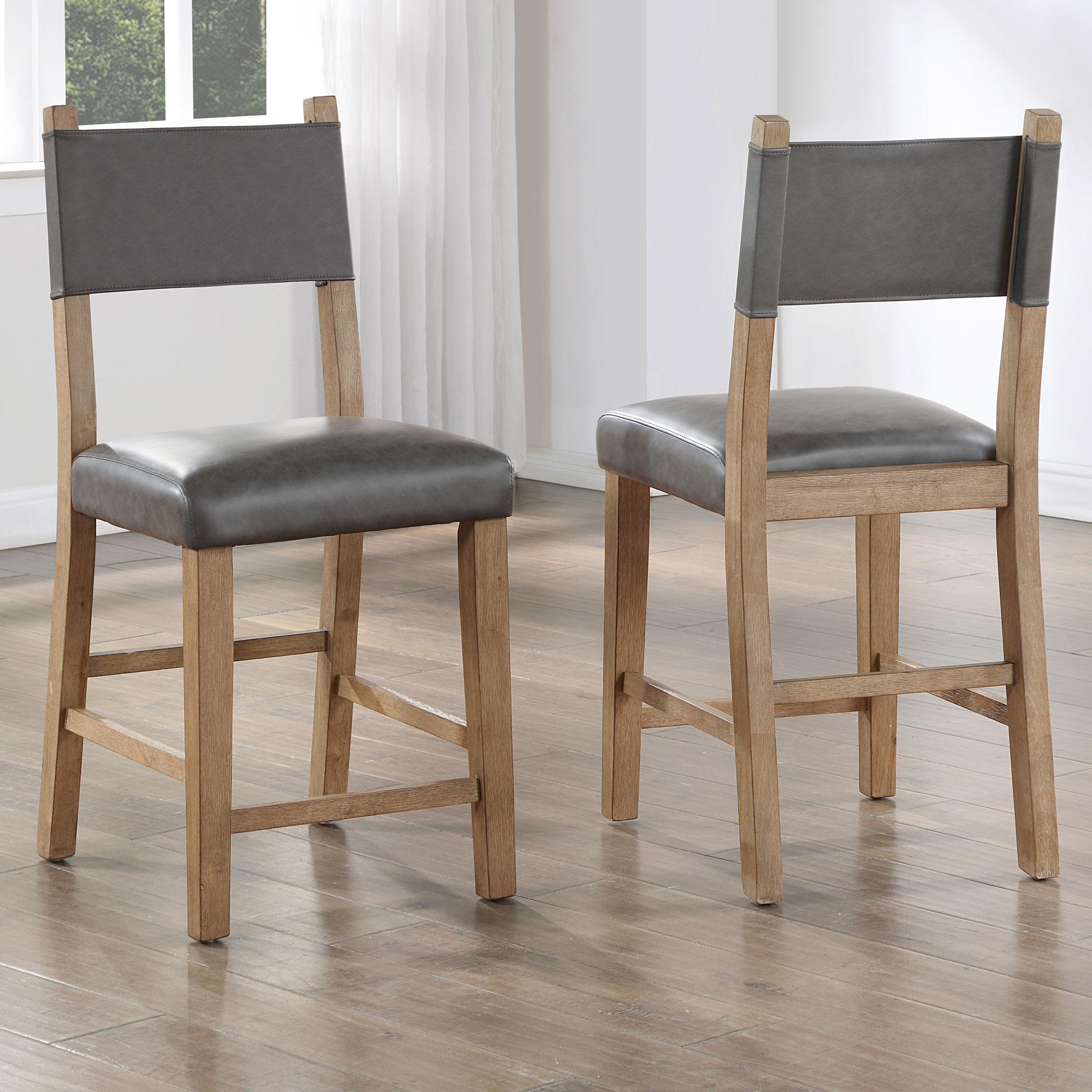 Aubrey 24" Counter Chair, Gray Vegan Leather with Driftwood finish